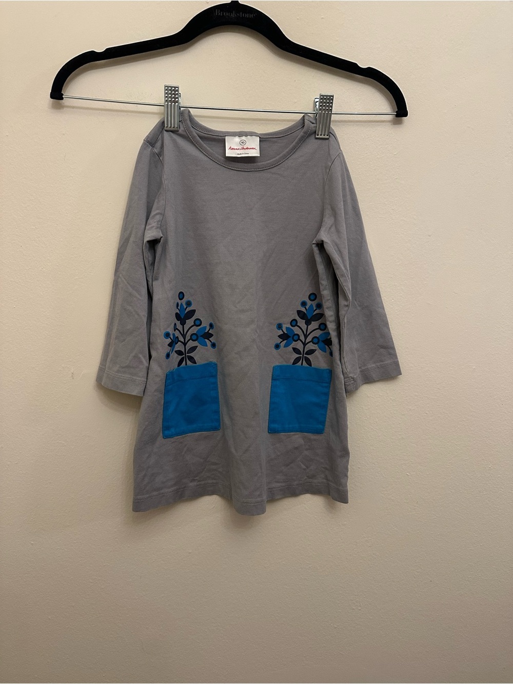 Hanna Andersson Girls 90 Gray Floral Pocket Long Sleeve Cotton Dress 3T A-line